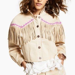 INC International Concepts Luxe Fringe-Trim Denim Jacket